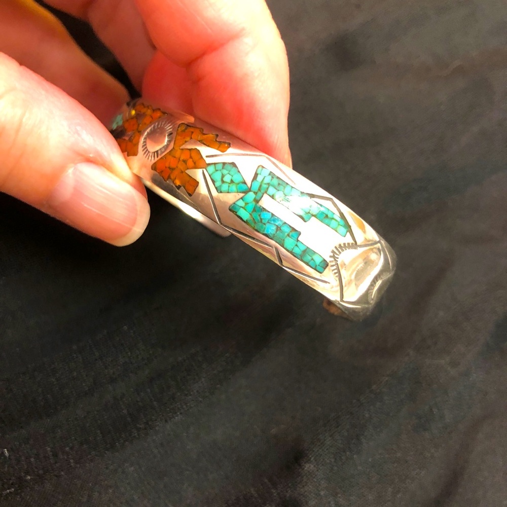 Mother’s Day,Sterling Silver/turquoise/coral cuff bracelet, Signed by theartist. - Picture 5 of 15